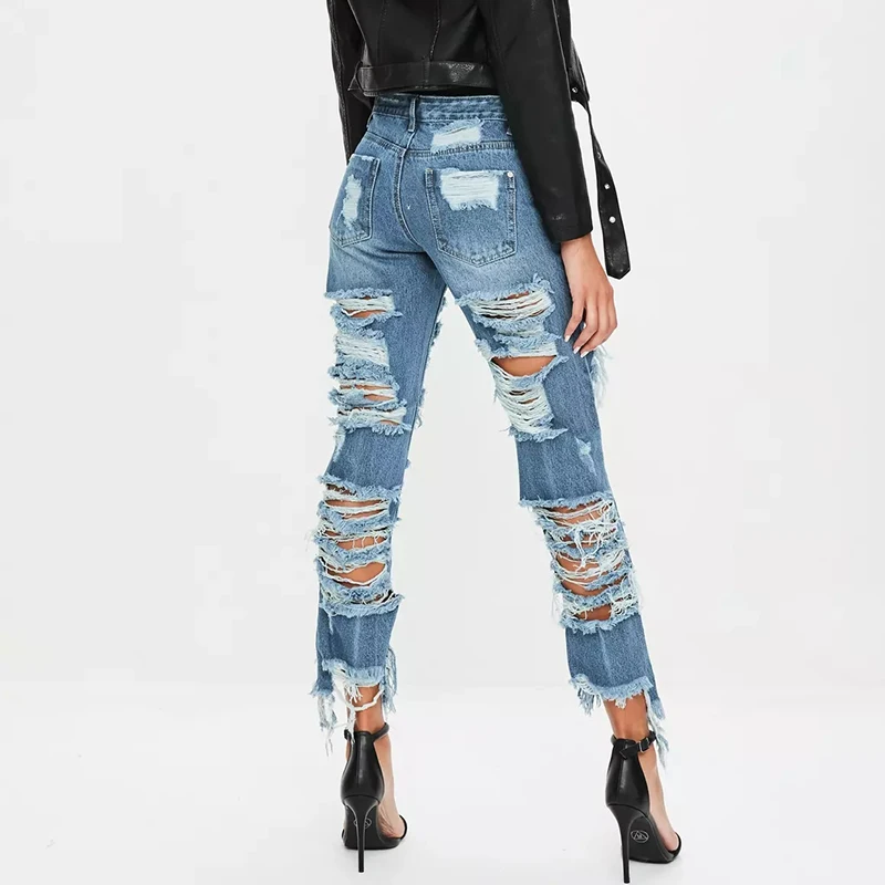 Fancy girls stylish scratch trousers guangzhou female women ripped destroyed denim damaged jeans