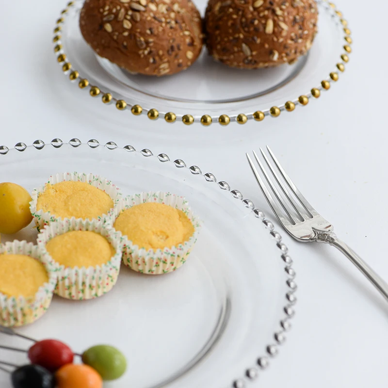 Inch bulk round decorativewholesale gold silver beaded 13 inch clear wedding gold glass charger plates for wedding decoration