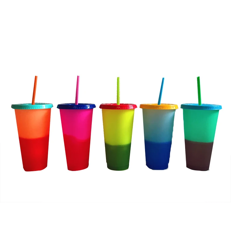 12/16/24OZ BPA free Custom silkscreen logo plastic cup with straw cold coffee color changing tumble