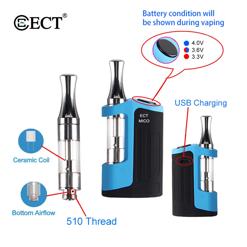 Original ECT Mico 500mAh Battery Box Mod 510 Thread 0.5ml 1.0ml mini I1 Tank Cartridge Vaporizer Kits Authentic