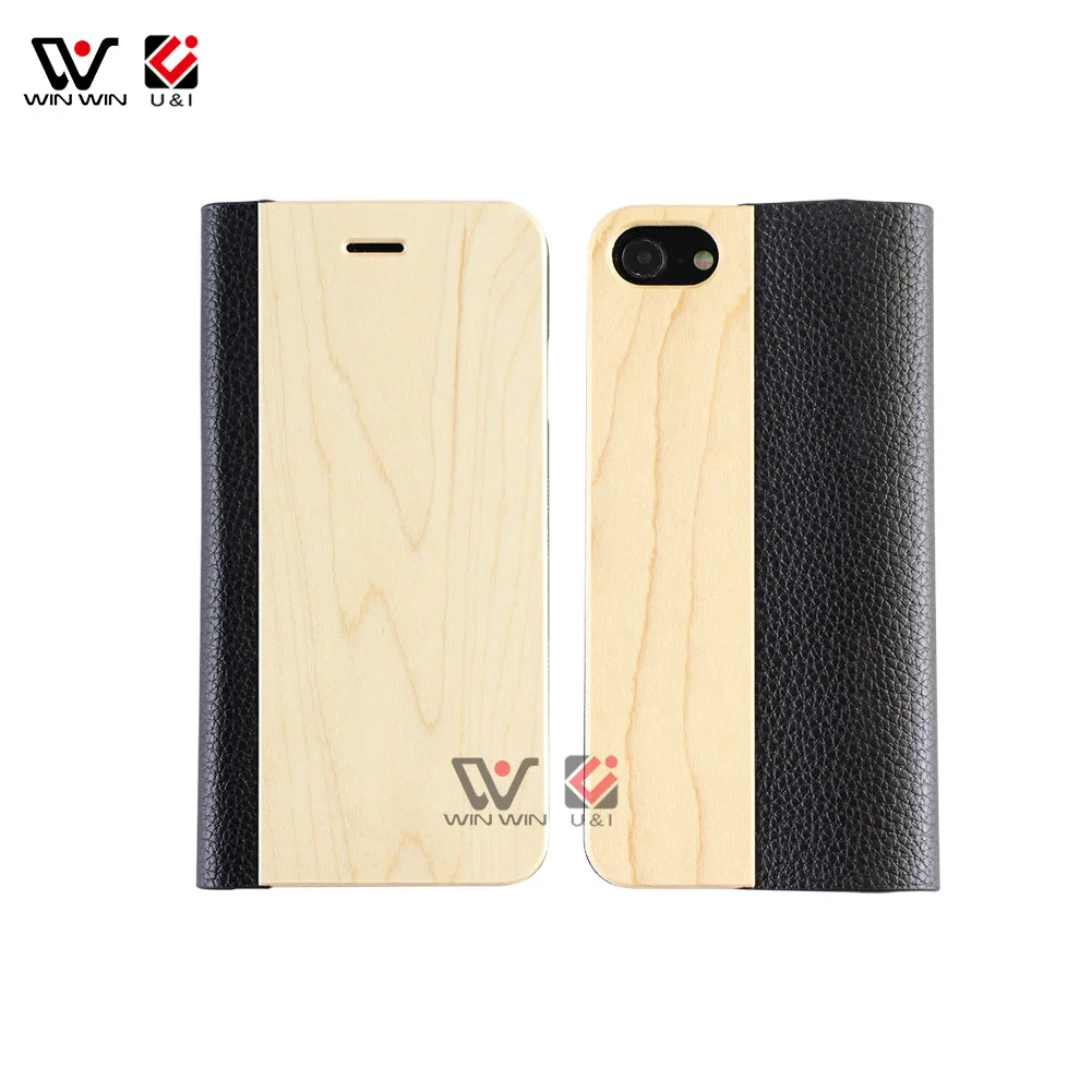 Hot Sale Natural Wood Genuine Leather Flip Mobile Phone Case For iPhone 6 7 8