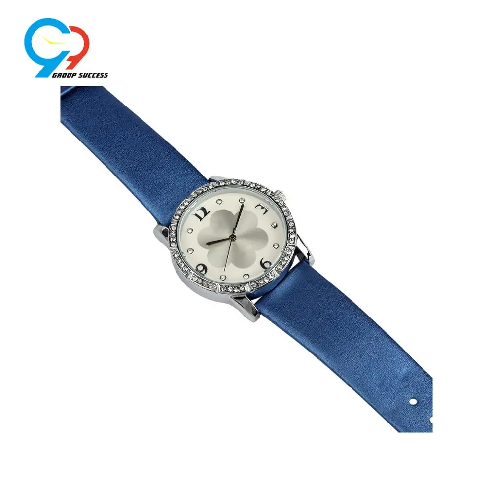 Bottom price flower case and dial smooth leather strap lady watch