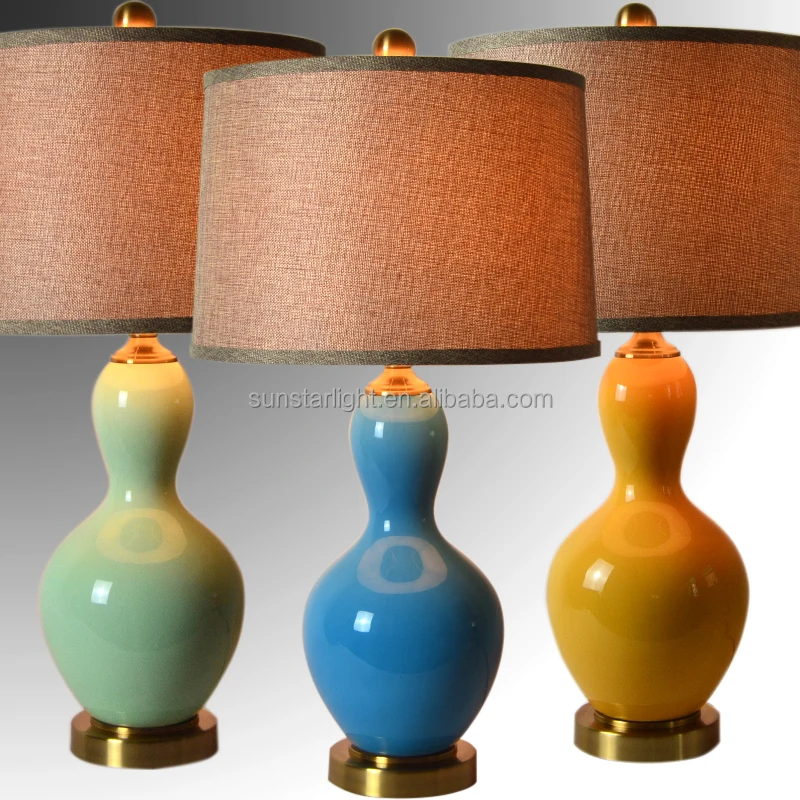 Metal Base In Antique Brass Gourd Shape Ceramic Body With Fabric Lampshade Modern Desk Lamp Bedroom Living Room Table Lamp