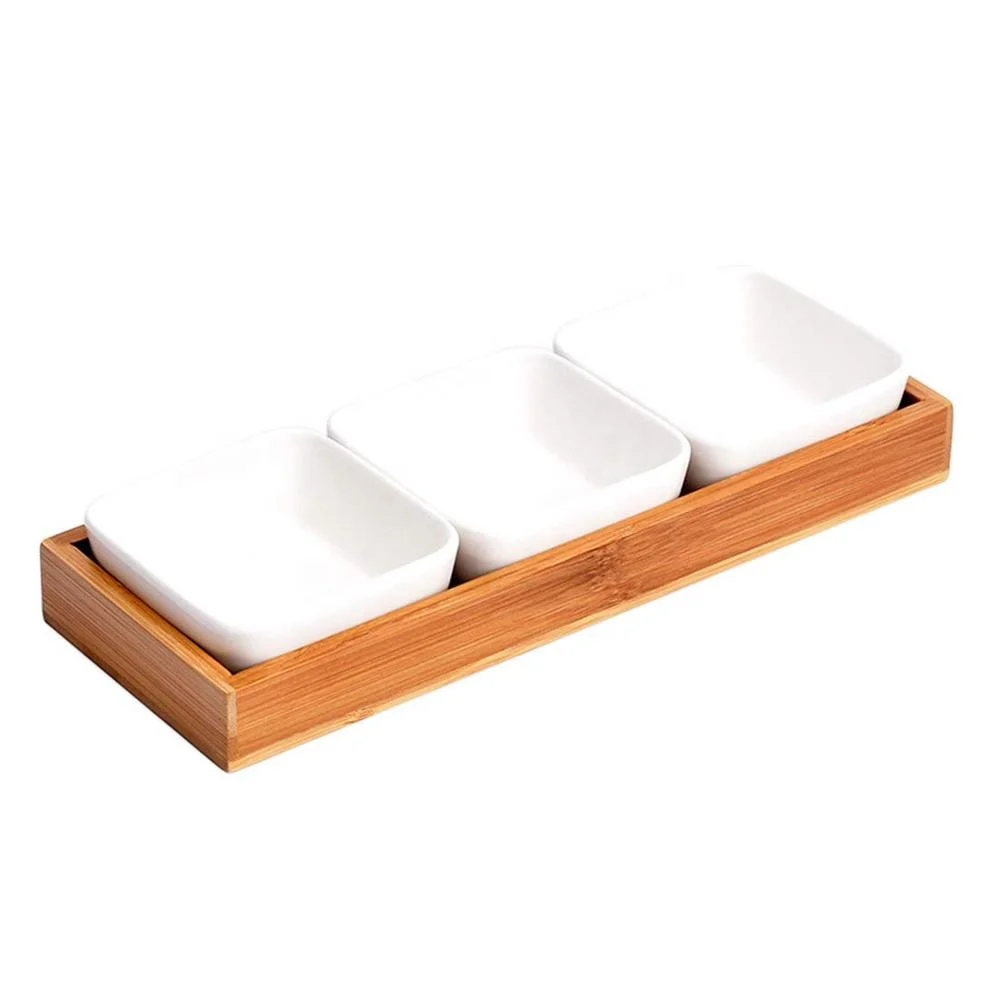 Ceramic Sauce Dish Divided with bambooTray Dish Storage Tray for Kitchen Spices Vinegar Nuts