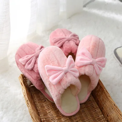 Winter new cute bowknot household  warm slippers men and women indoor couples cotton slippers