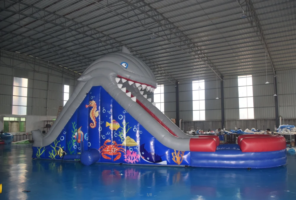 Inflatable single lane shark water slip N slides with swimming pool for kids rental