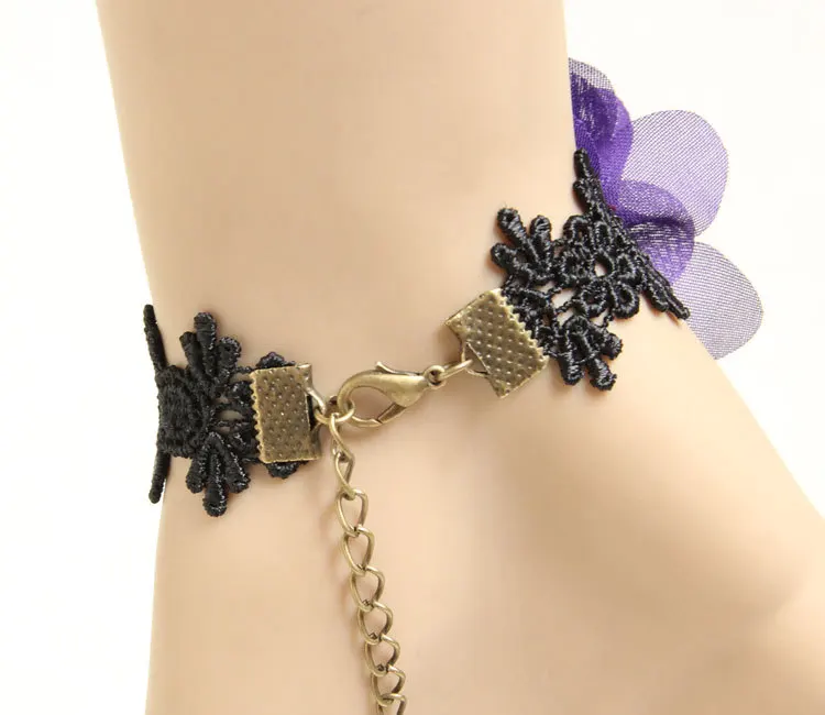 Black floral lace bracelet - purple crystal and flower pendant charm bracelet with ring chain