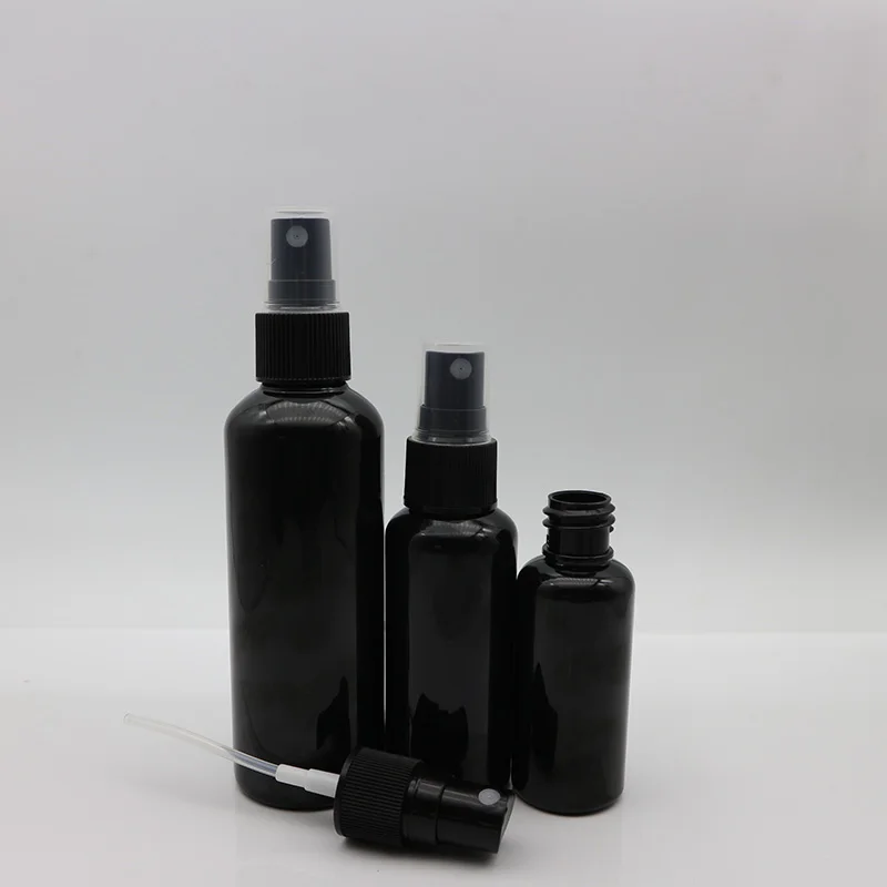 30ml 100ml 150ml cosmetic round shape shiny black PET plastic spray bottle
