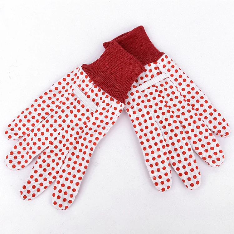 PVC Dots Beautiful Lady Lively Colorful Red Polka Dotted Garden Canvas Working Gloves Homeware Gift Range Female Workers Wear