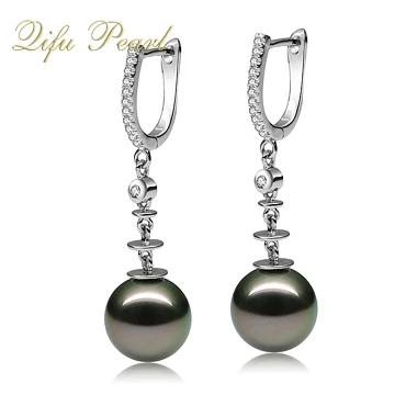 14K Gold Diamond Genuine Black Pearl Dangling Chandelier Clip Earring
