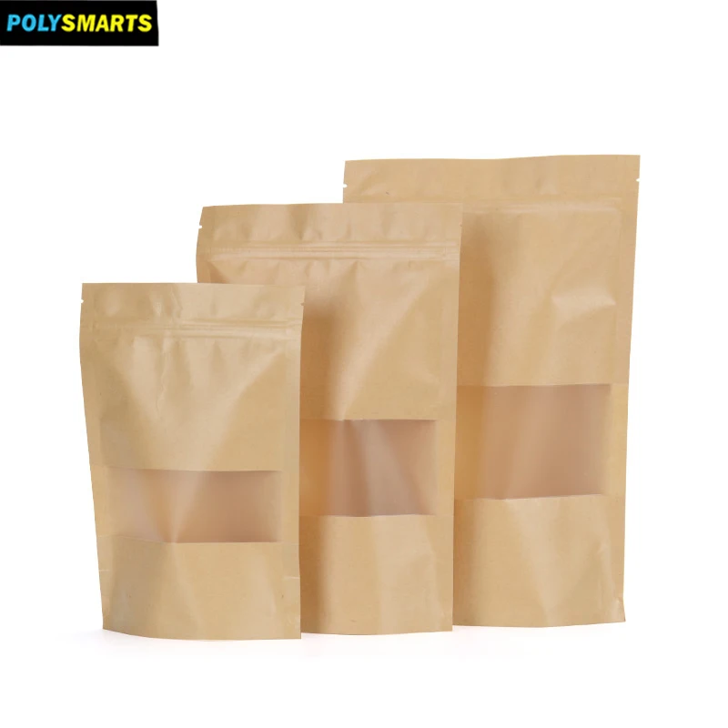 polysmarts Eco friendly Kraft Paper Zipper Bag Stand Up Pouch With Clear Window For Herbal Tea,Spices Packaging