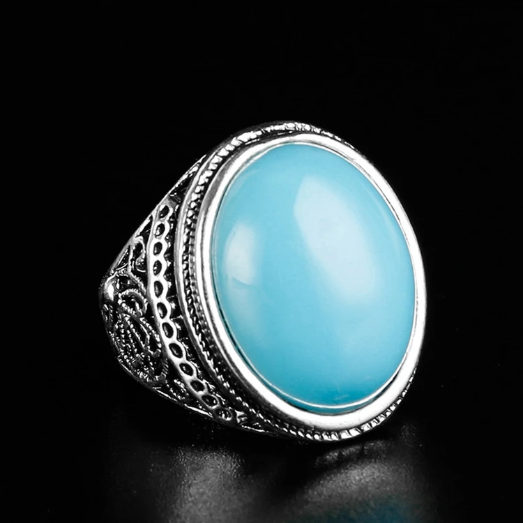 RW-115 Fashion Bohemia Style Big Agate Stone Retro Delicate Carving Anti-Silver Alloy Ring