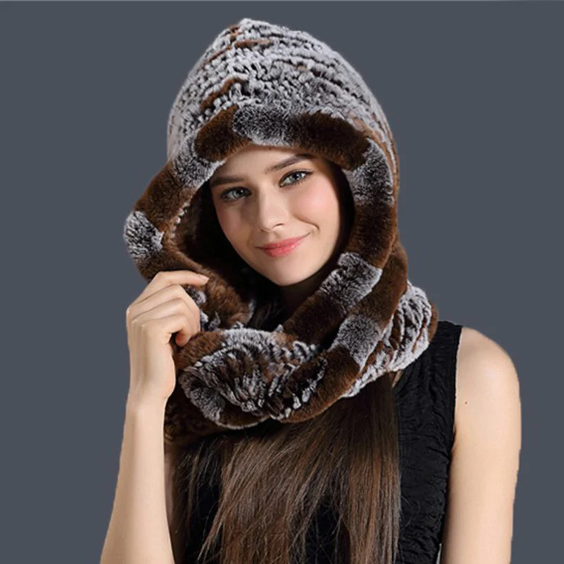 CX-C-142D 2021 New Style Rex Rabbit Fur Knitted Hooded Scarves