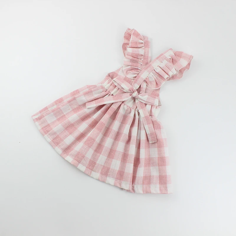
Summer Backless Ruffle Pink Gingham Linen Pinafore Knee Length Baby Girls Party Dresses 