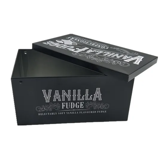black rectangle candy metal tin box