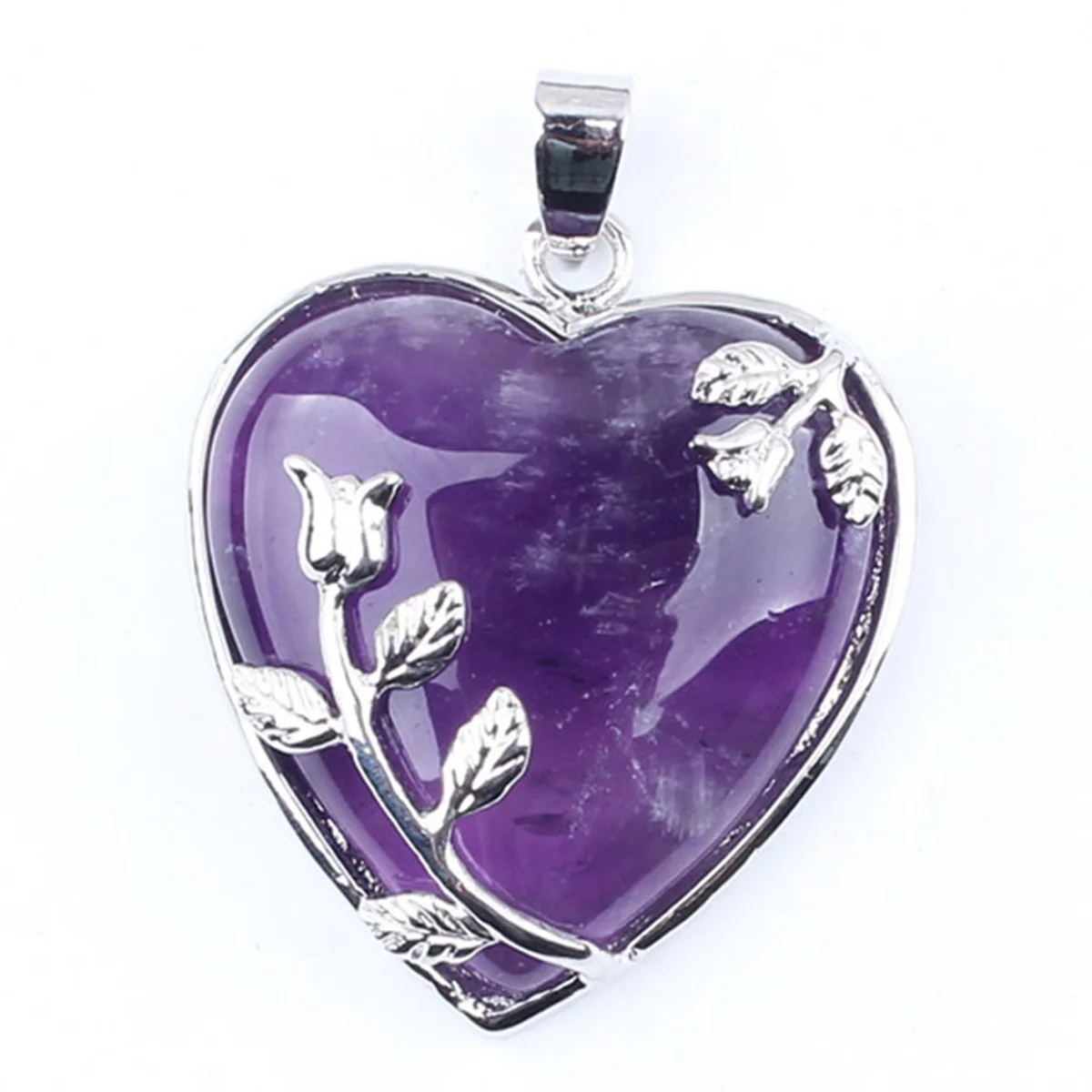 
JOYA GIFT Jewelry Silver Wrapped Leaf Heart Healing Stone Pendant Amethyst Crystal Heart Pendant Necklace for Charm Jewelry 