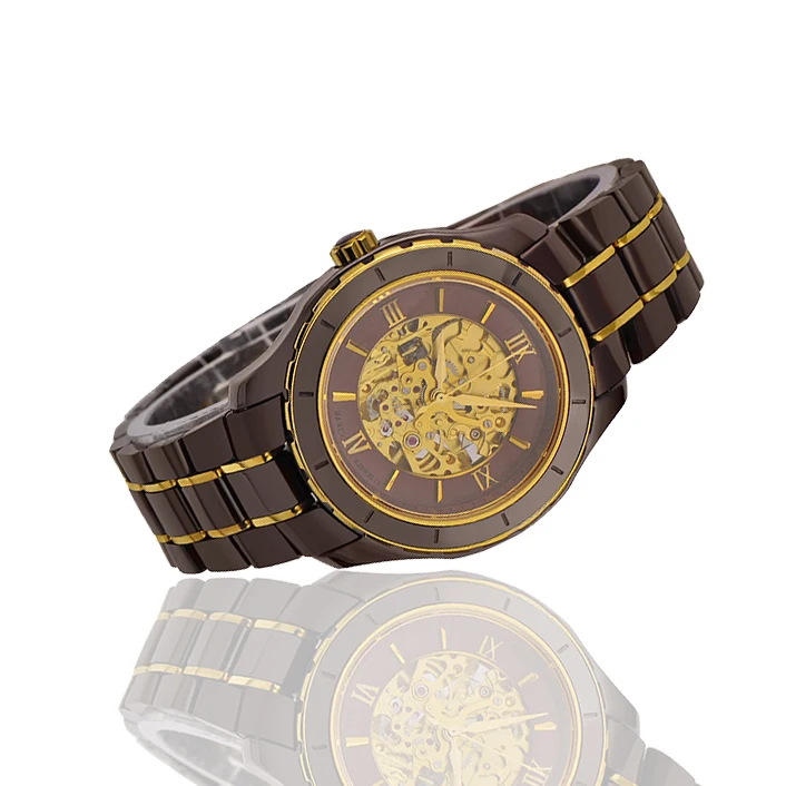 OEM Factory Skeleton Watch Mechanical Automatic Coffee Ceramic Watch Men