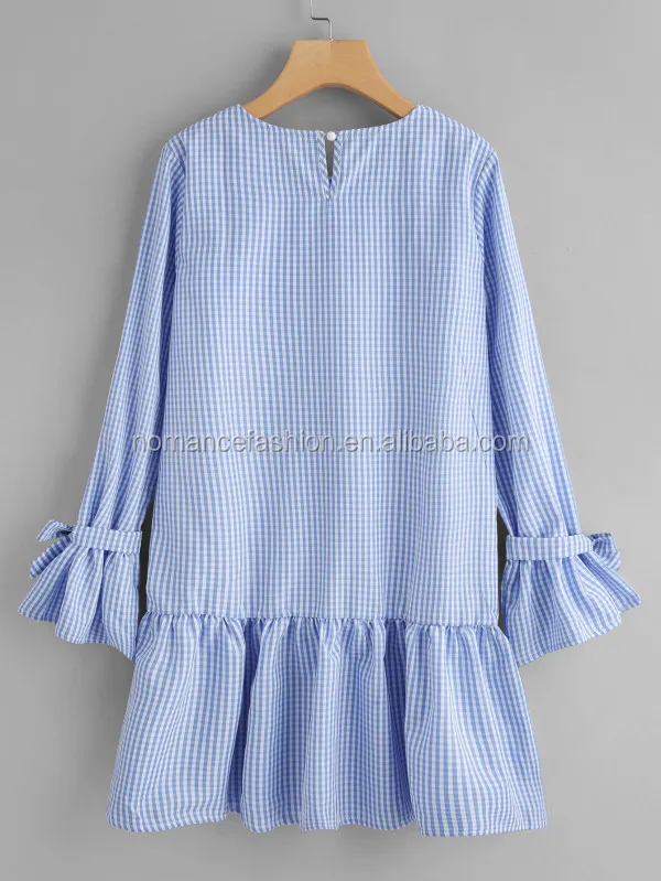 Flute Sleeve Tiered Hem Gingham Clothes Ladies Simple Fashion Dress