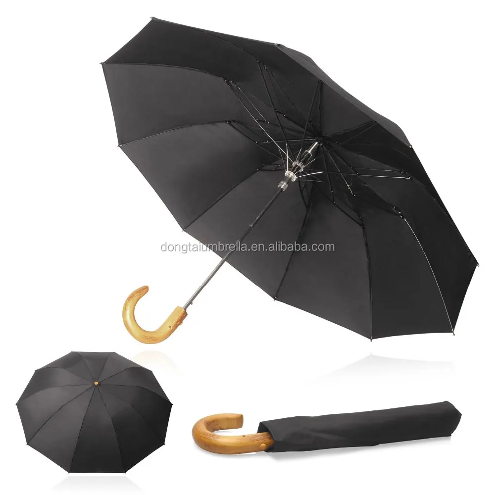 Classic wood handle fold black mens gent umbrella