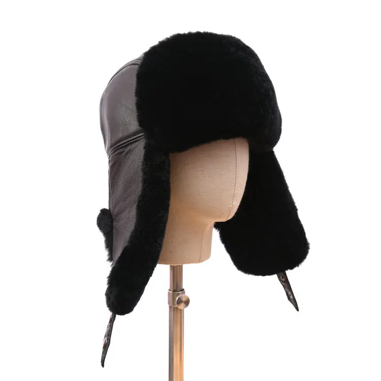 Russian style warming winter rex rabbit fur with real sheepskin  hat ear cuff earflap hat
