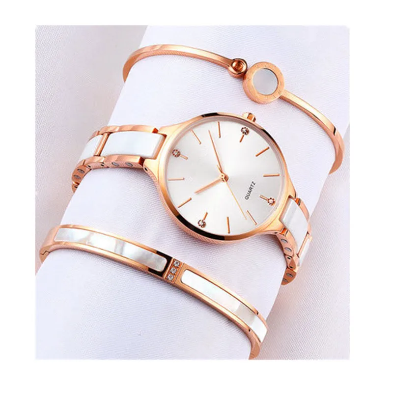 New fashion good quality watch set rose gold crystal ceramic female watches beautiful diamond face vogue mop lady bracelets