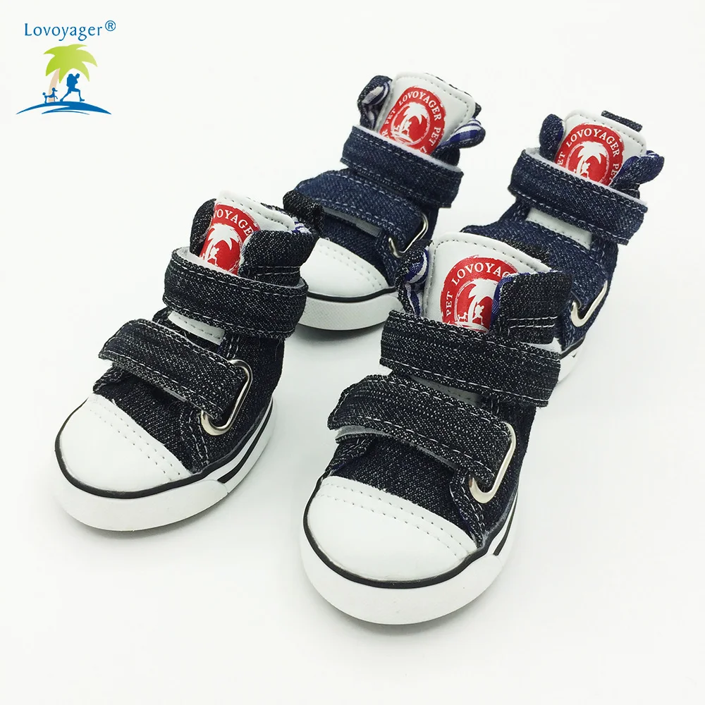 LOVOYAGER wholesale pet accessories canvas fabric dog shoes non slip blue jean dog sneakers dog boots