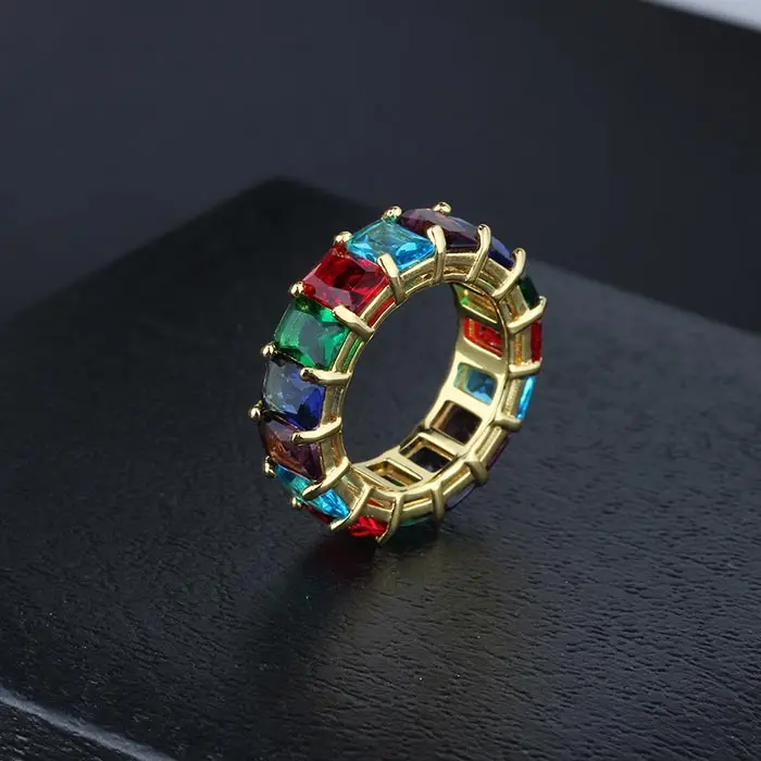 Hiphop Jewelry 18K Gold Plated Men Rainbow Baguette Ring