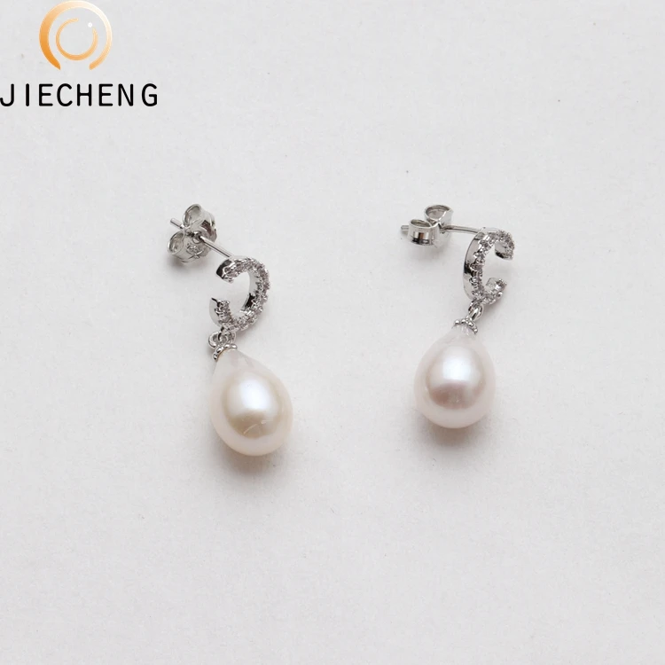 Fashion designs 10mm pearl earring zircon freshwater pearl dangle drop stud earrings for women