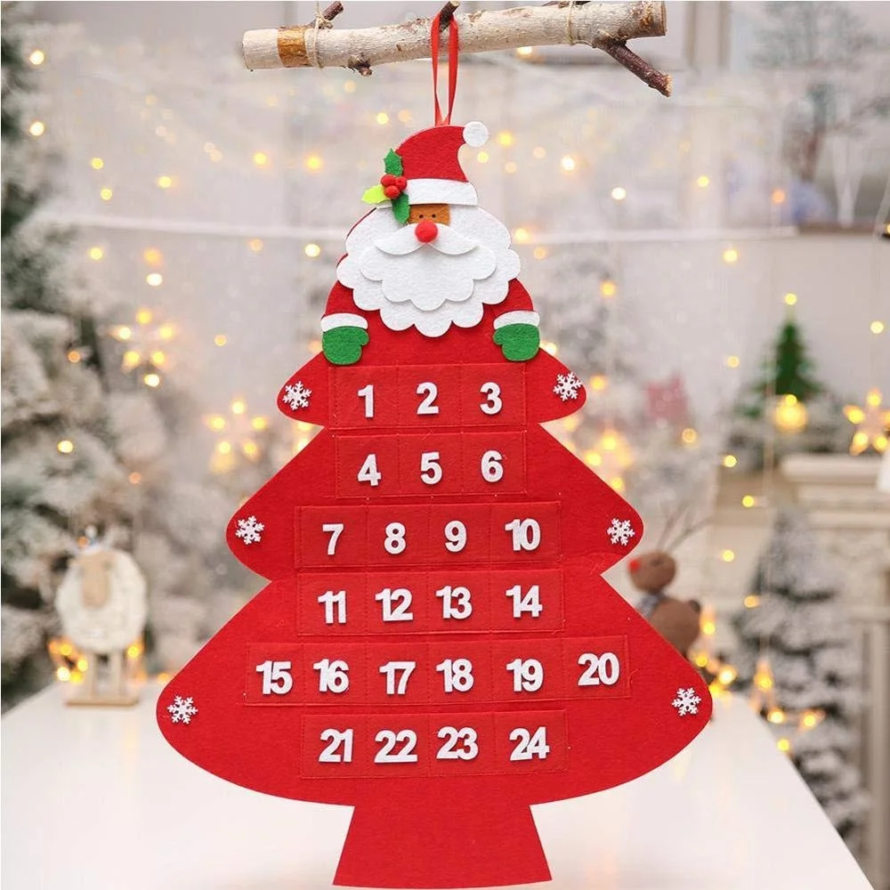 24 Days Christmas Countdown Calendar Wall Hanging Santa Claus Christmas Tree Shaped Felt Advent Calendar with Pockets