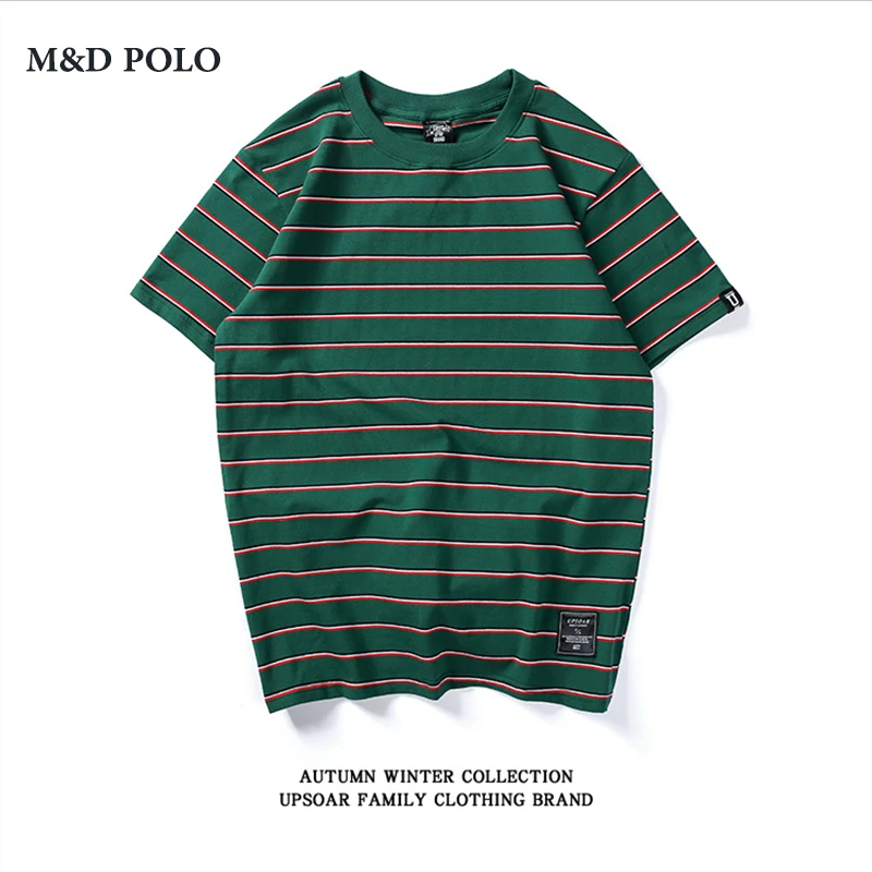 Wholesale 100% Cotton Custom Promotional Plain Collar Neck Ringspun Short Sleeves Green Stripe t shirt