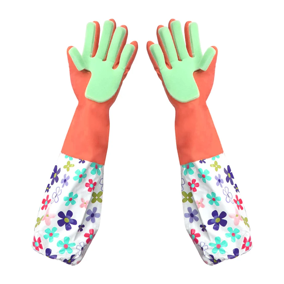 long Silicone rubber Dish Wash Gloves with sponge.