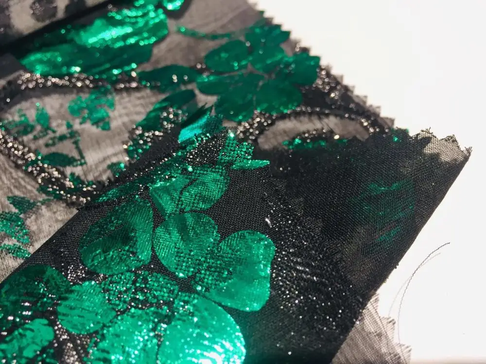 High  quality 100% polyester woven Lurex jacquard green color foil print chiffon fabric