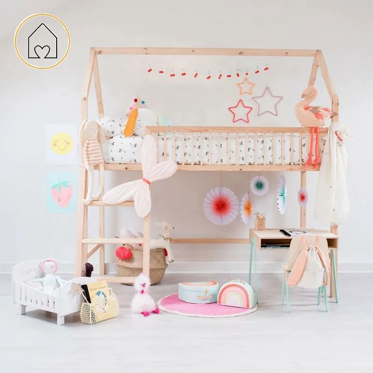 
Hot sale solid pine wooden twin size over twin play treehouse toddler loft bunk bed set 