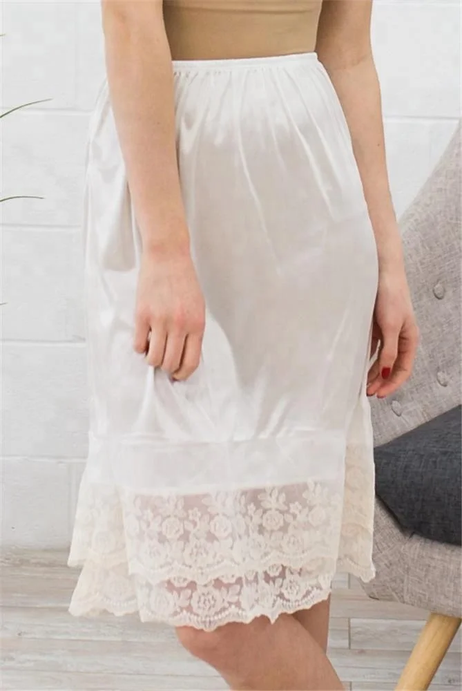 Summer Ladies White Lace Trim Knee Length Skirt Extender