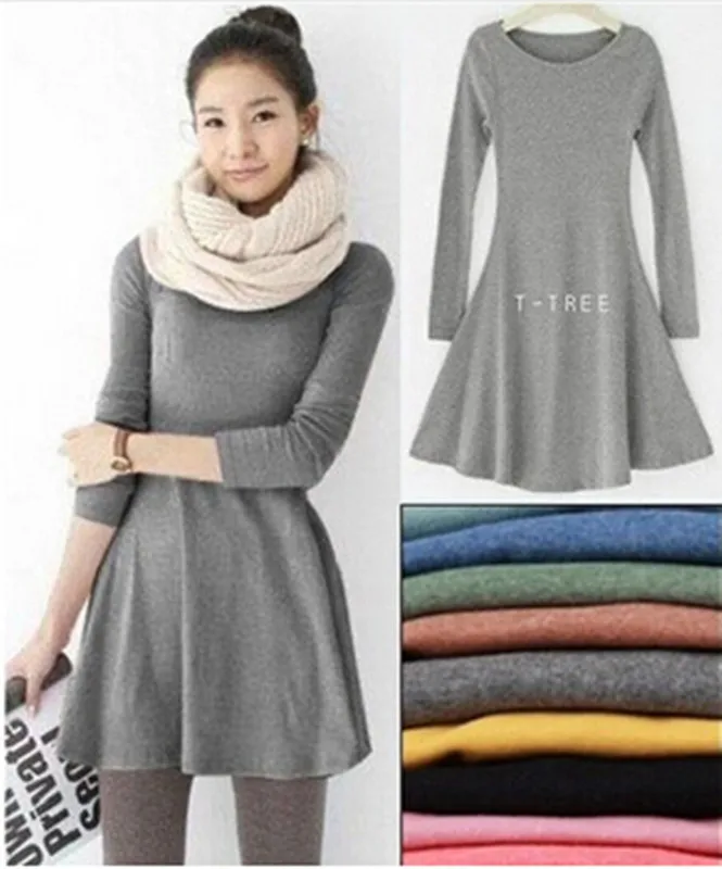 Fashion Clothes vestidos Women Dress 2016 spring Autumn Winter Dress Female 100 Cotton O neck Long