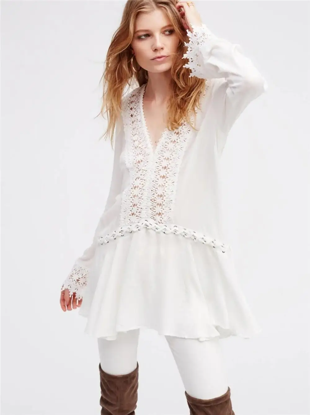 Lady V-Neck Long Sleeve Boho Sexy Deep Hook-Out Openwork Lace Midi Dress