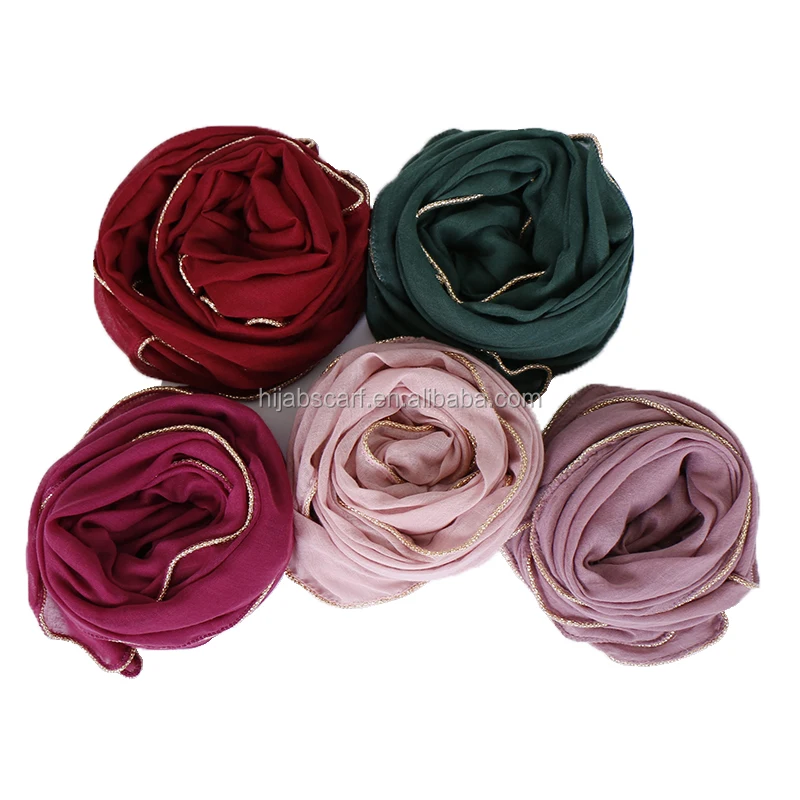 Gold beads chain edges cotton scarves plain shawls women solid color muslim hijab scarf