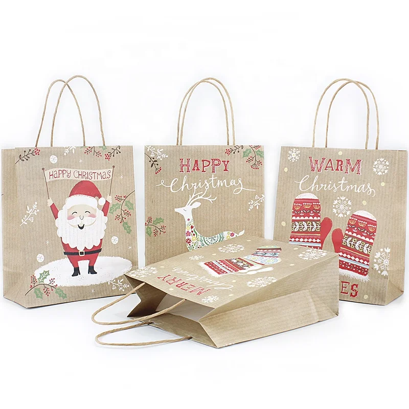 
Custom Creative Cartoon Design Logo Offset Printed Kraft Christmas Gift Present Small Paper Bags 