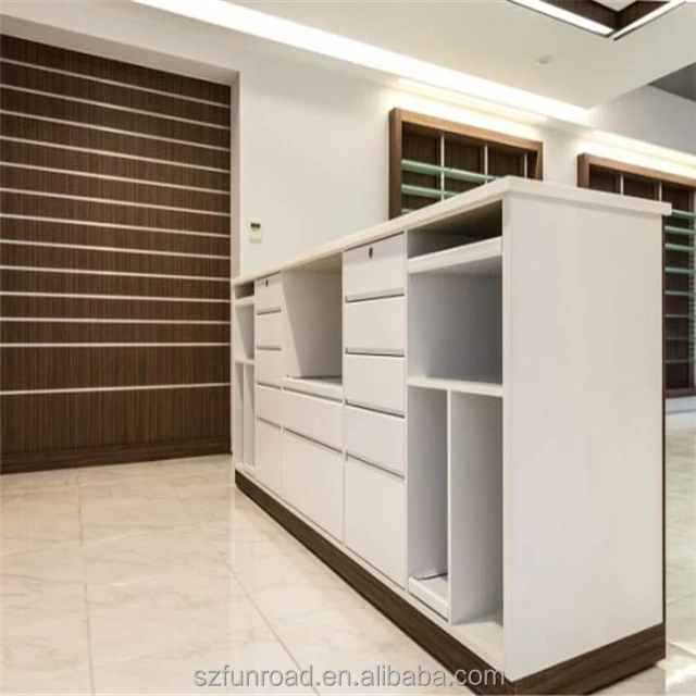 Drugstore display cabinet with drawer system / Pharmacy shop interior design with 3D drawing