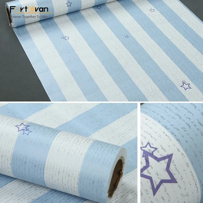 Blue/pink star striped adhesive embossed pvc wallpaper