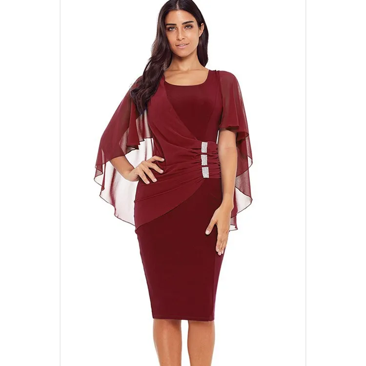 2023 U Neck Women Knee Length Dresses Gauze Mesh Elegant Cape Evening Dress