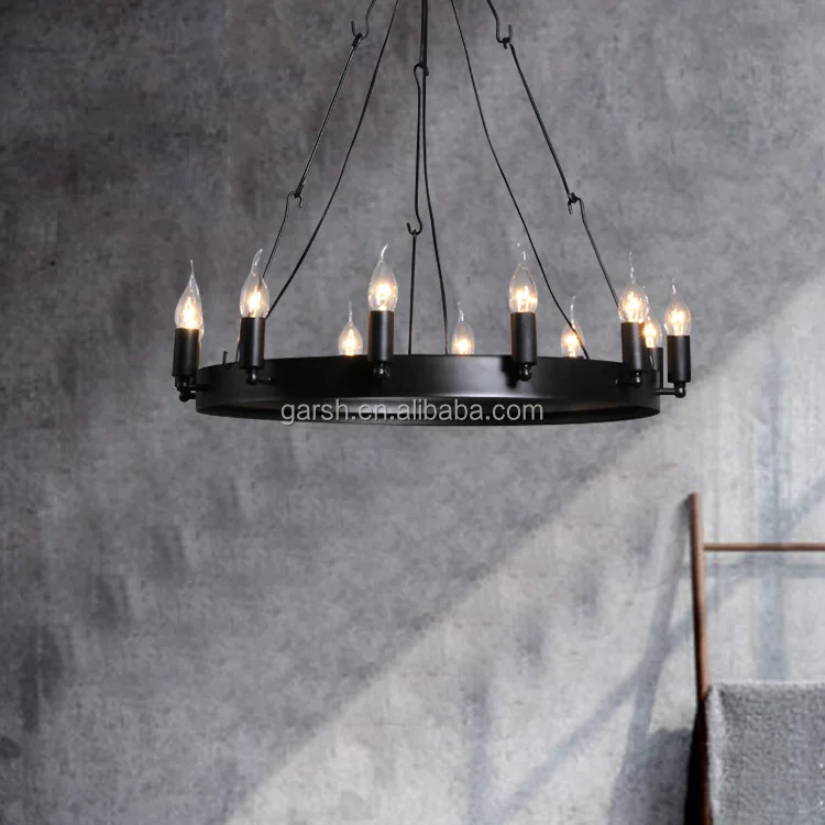Vintage Candle Bulb Antique Round Iron Chandelier For Restaurant