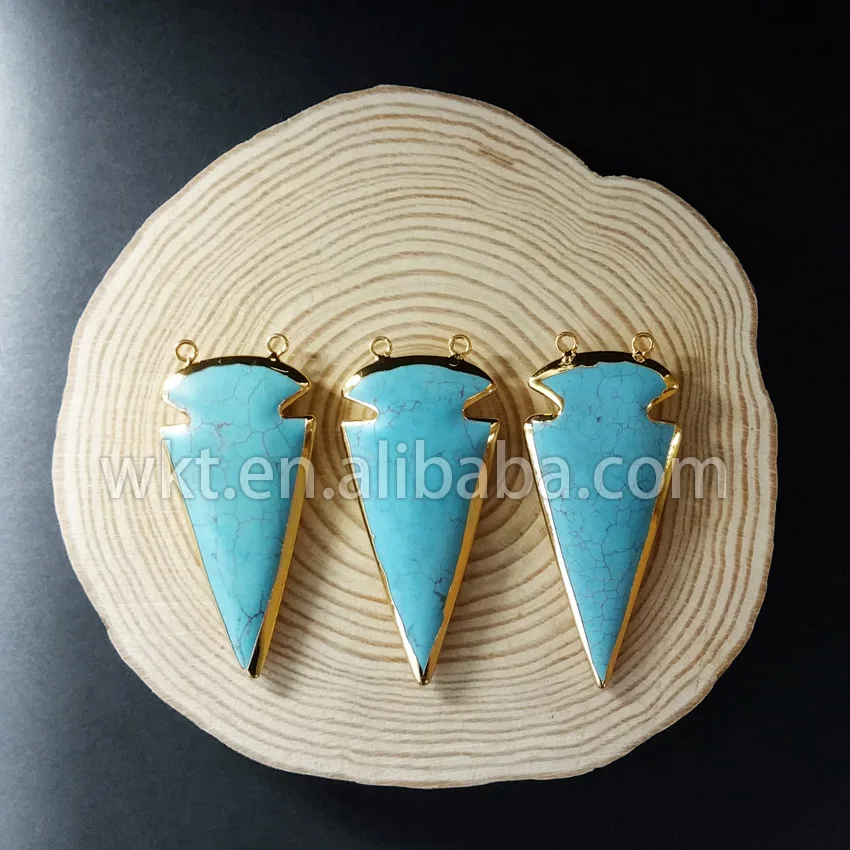 WT-P559 Wholesale Large Turquoise Howlite Pendant Edged in Electroplated 24k gold, fashion big turquoise arrowhead pendant