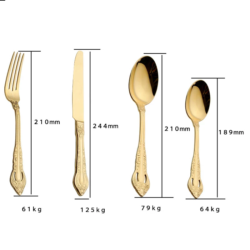 Wholesale wedding tableware stainless steel metal kings palace luxury golden cutlery with carving knife and fork set