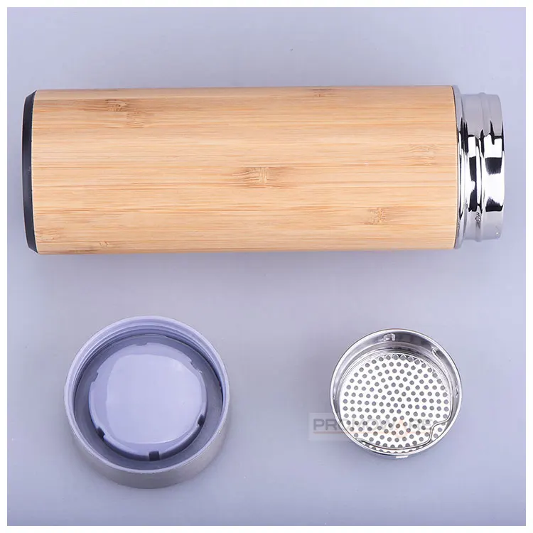 Wholesale Custom Bamboo Vacuum Thermos Water Bottle Custom Logo Stainless Steel Eco Friendly Bamboo Vaccum Bottle