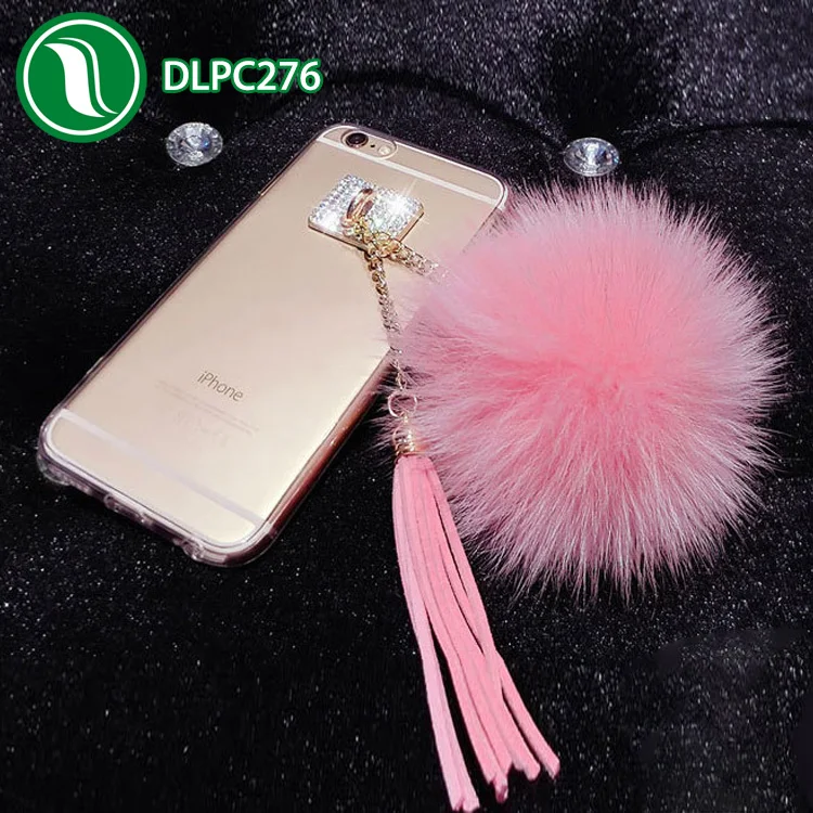 Luxury fox plush ball phone case Bling diamond Clear Soft TPU fur ball case for iPhone 6