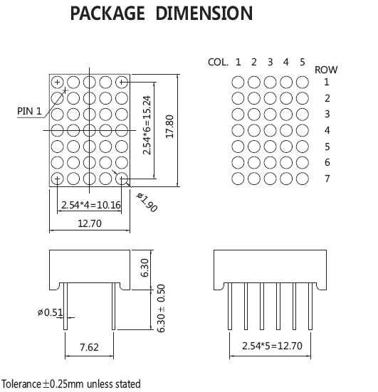 Small size 0.7 inch 5x7 led dot matrix 1.9mm 07057 white display