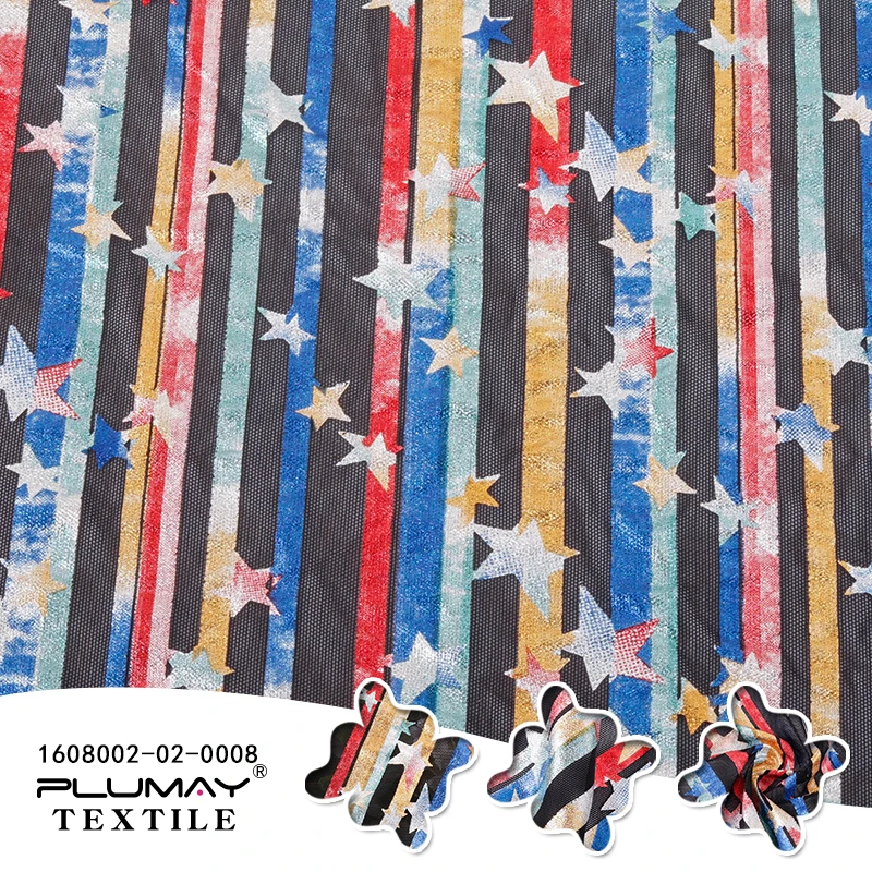 Shaoxing keqiao new style star foil rainbow stripe knitted mesh fabric for dress clothing textile custom elastic fashion ripstop