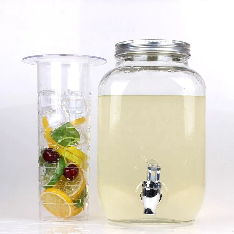 Wholesale glass big water jar drink dispenser with tap and ice barrel 4L 8L