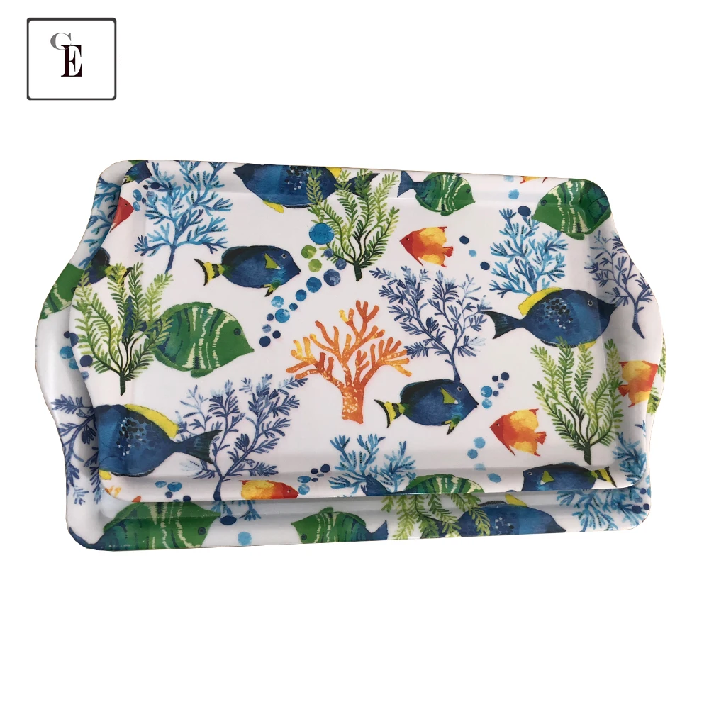 Wholesale cheap price custom printed design hotel restaurant buffet rectangle 100% melamine rolling food serving trays